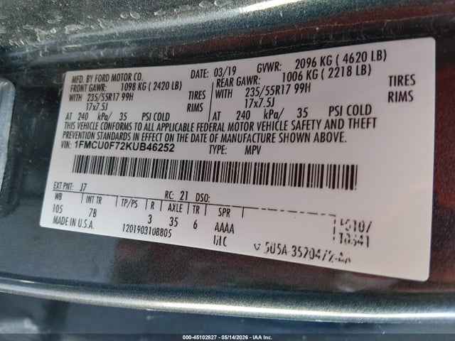 Ford ESCAPE S 2019 1FMCU0F72KUB46252 Image 9