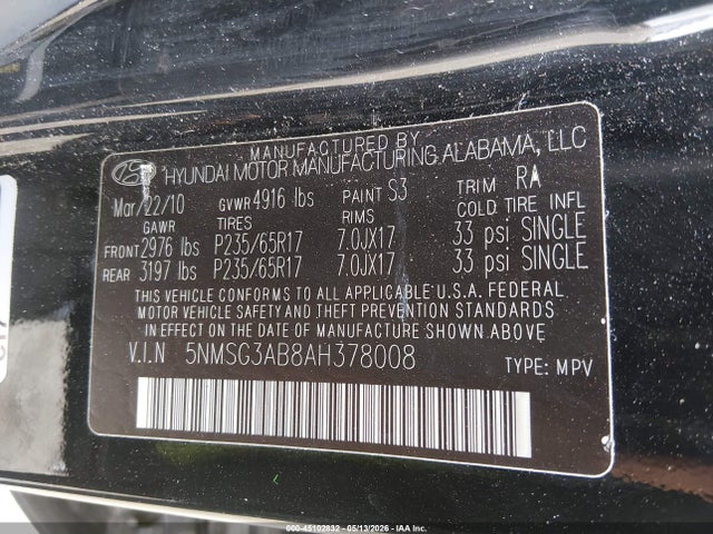 Aukcja sprzedaży 2010 Hyundai Santa Fe Gls, vin: 5NMSG3AB8AH378008, numer aukcji: 45102832