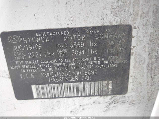 Aukcja sprzedaży 2007 Hyundai Elantra Gls/limited/se, vin: KMHDU46D17U016696, numer aukcji: 45102845