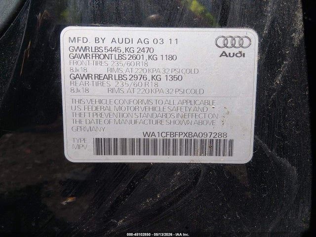 Продажа на аукционе авто 2011 Audi Q5 2.0t Premium, vin: WA1CFBFPXBA097288, номер лота: 45102850