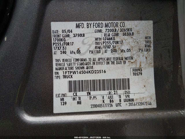 Aukcja sprzedaży 2004 Ford F-150 Fx4/lariat/xlt, vin: 1FTPW14504KD23516, numer aukcji: 45102854