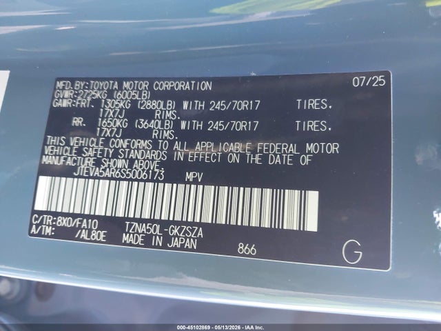 45102869 :رقم المزاد ، JTEVA5AR6S5006173 vin ، 2025 Toyota 4runner Sr5 مزاد بيع