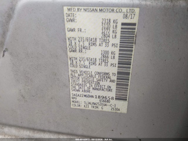 45102872 :رقم المزاد ، 5N1AZ2MG0HN189658 vin ، 2017 Nissan Murano Sl مزاد بيع