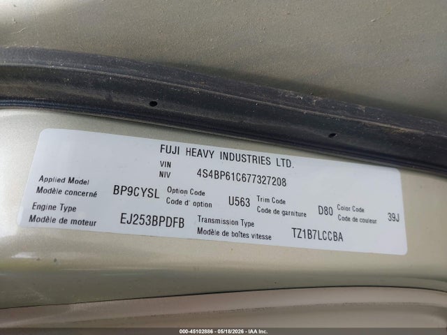 2007 Subaru Outback 2.5i Basic მანქანა იყიდება აუქციონზე, vin: 4S4BP61C677327208, აუქციონის ნომერი: 45102886
