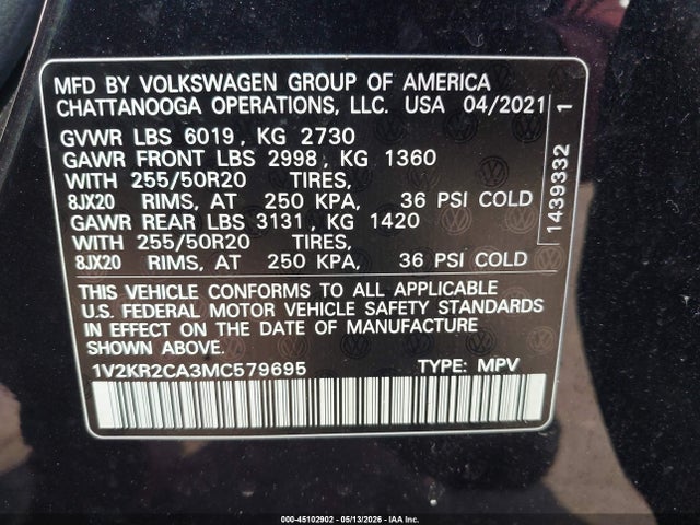 45102902 :رقم المزاد ، 1V2KR2CA3MC579695 vin ، 2021 Volkswagen Atlas 3.6l V6 Se W/technology مزاد بيع