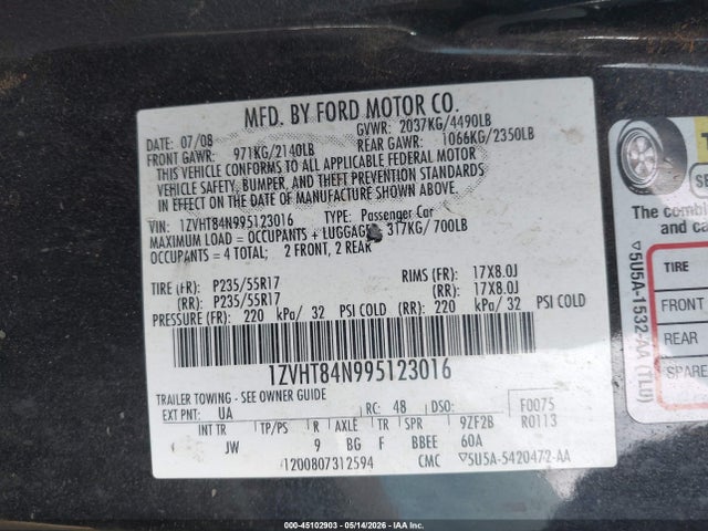 Aukcja sprzedaży 2009 Ford Mustang V6/v6 Premium, vin: 1ZVHT84N995123016, numer aukcji: 45102903