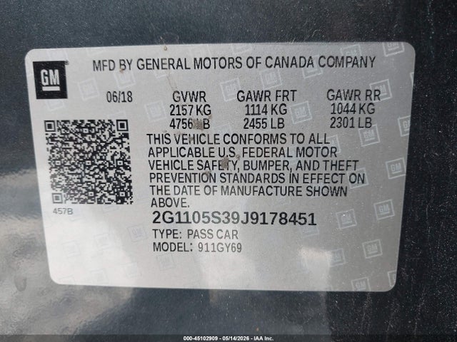 Aukcja sprzedaży 2018 Chevrolet Impala 1lt, vin: 2G1105S39J9178451, numer aukcji: 45102909