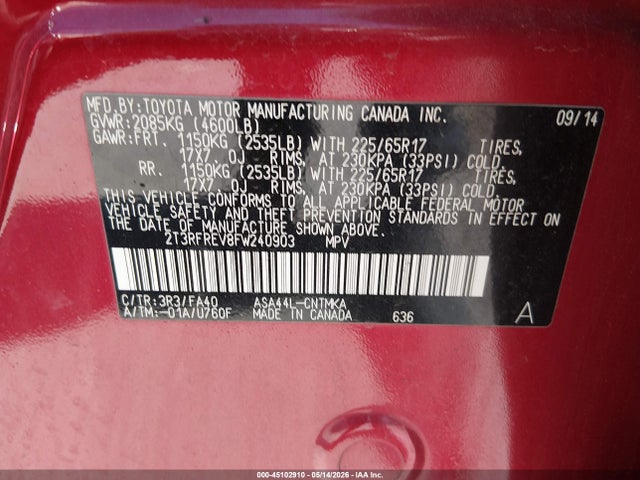 Продаж на аукціоні авто 2015 Toyota Rav4 Xle, vin: 2T3RFREV8FW240903, номер лоту: 45102910