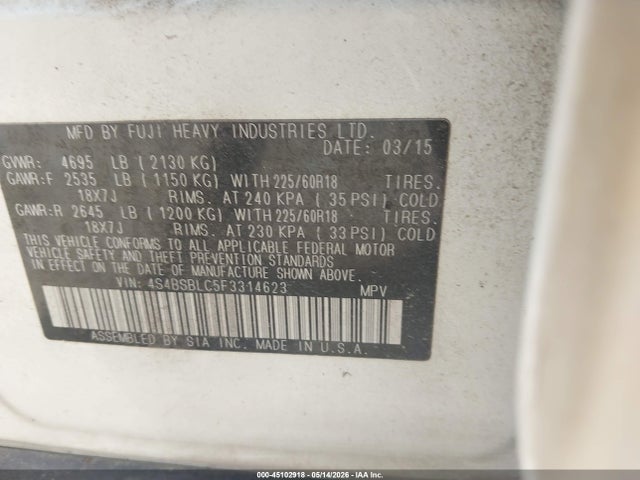 45102918 :رقم المزاد ، 4S4BSBLC5F3314623 vin ، 2015 Subaru Outback 2.5i Limited مزاد بيع