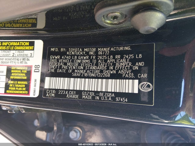 Продаж на аукціоні авто 2022 Lexus Es 350 Ultra Luxury, vin: 58AFZ1B19NU132268, номер лоту: 45102922