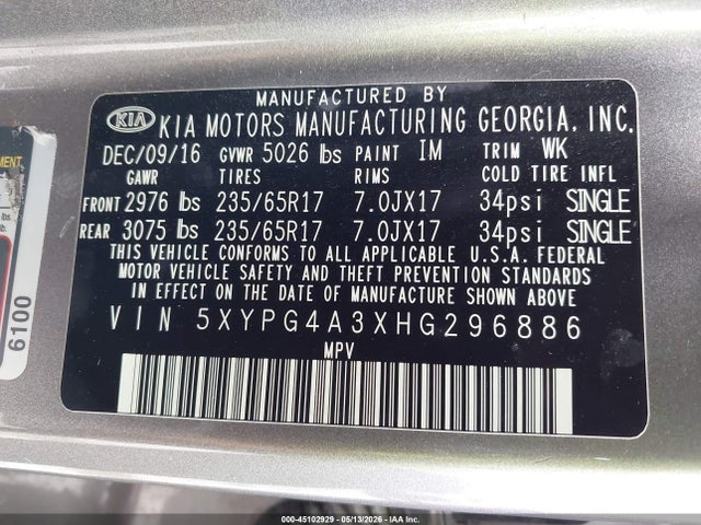 Aukcja sprzedaży 2017 Kia Sorento 2.4l Lx, vin: 5XYPG4A3XHG296886, numer aukcji: 45102929