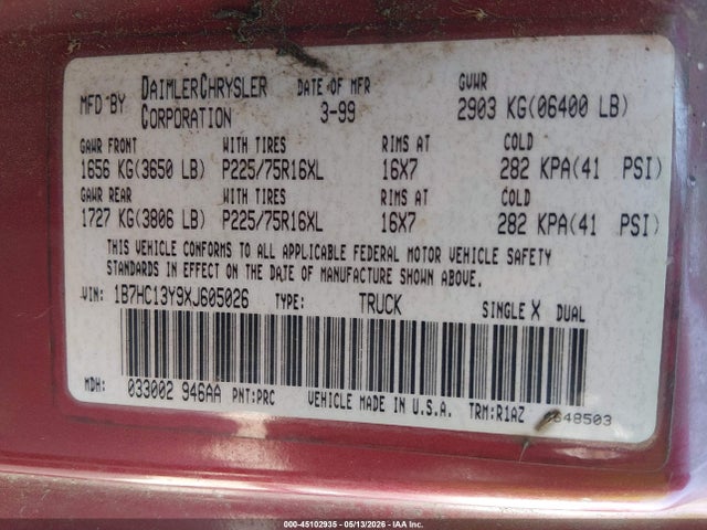 Продаж на аукціоні авто 1999 Dodge Ram 1500 St, vin: 1B7HC13Y9XJ605026, номер лоту: 45102935