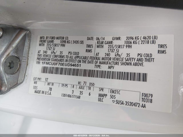 Aukcja sprzedaży 2014 Ford Escape S, vin: 1FMCU0F70EUD94651, numer aukcji: 45102939