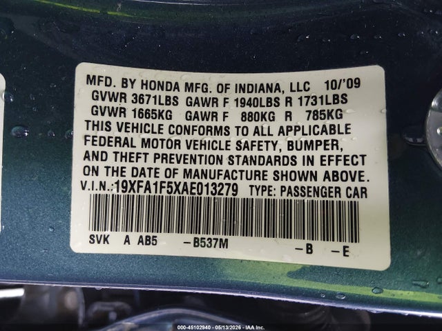 2010 Honda Civic Lx მანქანა იყიდება აუქციონზე, vin: 19XFA1F5XAE013279, აუქციონის ნომერი: 45102940
