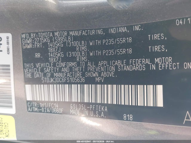 Toyota Sienna Le 7 Passenger 2015 5TDJK3DC6FS105636 Image 9