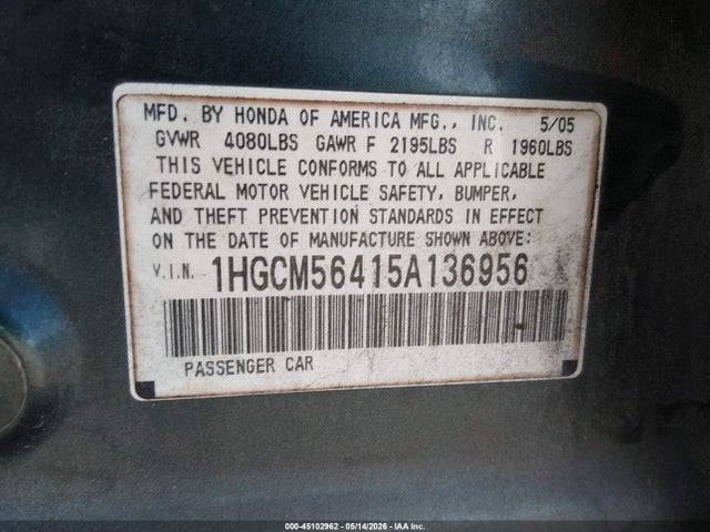 45102962 :رقم المزاد ، 1HGCM56415A136956 vin ، 2005 Honda Accord 2.4 Lx مزاد بيع