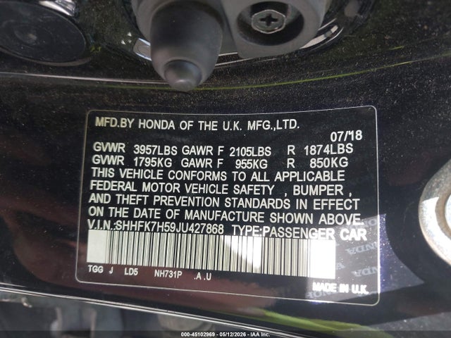 Aukcja sprzedaży 2018 Honda Civic Ex, vin: SHHFK7H59JU427868, numer aukcji: 45102969