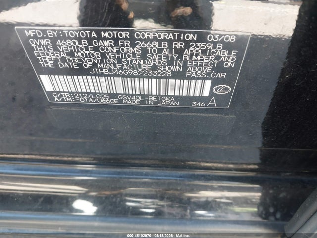 45102970 :رقم المزاد ، JTHBJ46G982233228 vin ، 2008 Lexus Es 350 مزاد بيع