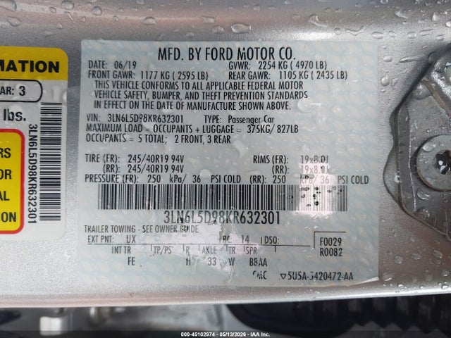 Продаж на аукціоні авто 2019 Lincoln Mkz Reserve I, vin: 3LN6L5D98KR632301, номер лоту: 45102974