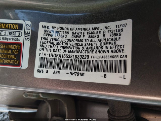 2008 Honda Civic Lx მანქანა იყიდება აუქციონზე, vin: 1HGFA16538L030220, აუქციონის ნომერი: 45102975