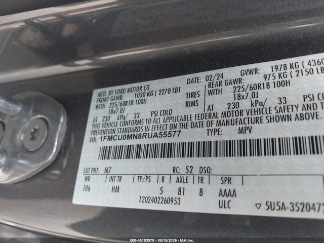 2024 Ford Escape St-line მანქანა იყიდება აუქციონზე, vin: 1FMCU0MN8RUA55577, აუქციონის ნომერი: 45102978