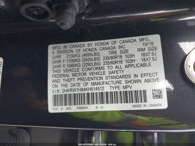 2019 Honda Cr-v Ex-l მანქანა იყიდება აუქციონზე, vin: 2HKRW1H84KH514512, აუქციონის ნომერი: 45102980
