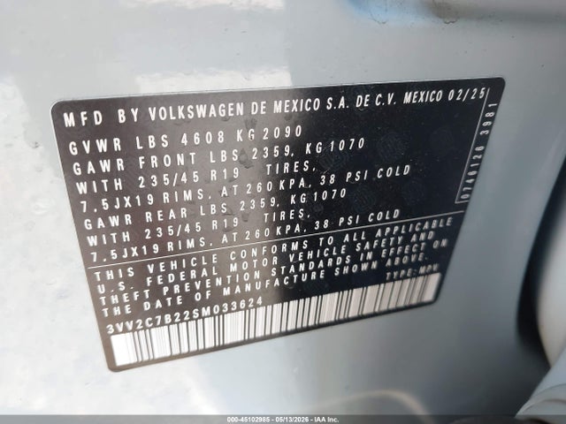 Aukcja sprzedaży 2025 Volkswagen Taos 1.5t Se Black, vin: 3VV2C7B22SM033624, numer aukcji: 45102985
