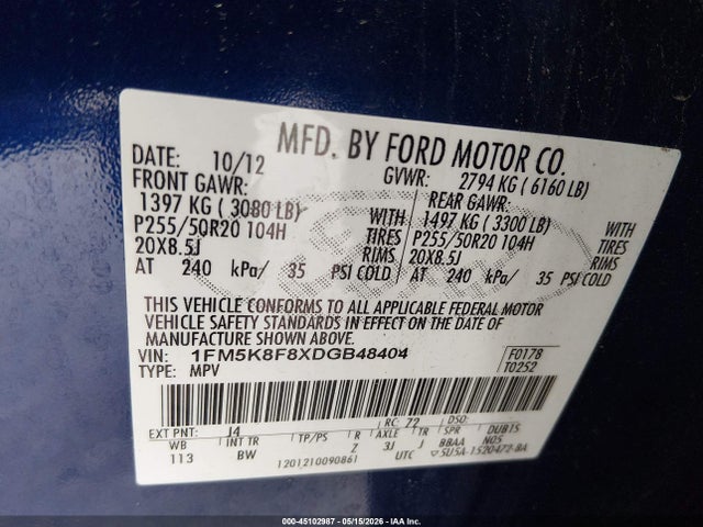 Aukcja sprzedaży 2013 Ford Explorer Limited, vin: 1FM5K8F8XDGB48404, numer aukcji: 45102987
