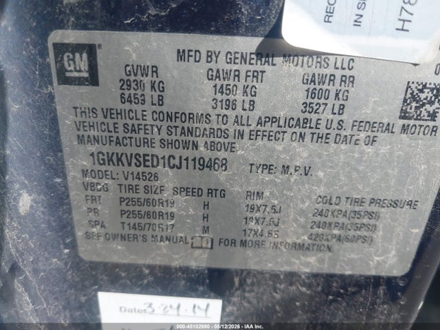 Aukcja sprzedaży 2012 Gmc Acadia Slt-2, vin: 1GKKVSED1CJ119468, numer aukcji: 45102990