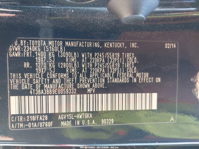 45102992 :رقم المزاد ، 4T3BA3BB9EU059332 vin ، 2014 Toyota Venza Le مزاد بيع