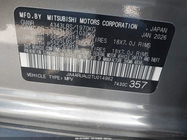 45102993 :رقم المزاد ، JA4ARUAU2TU014962 vin ، 2026 Mitsubishi Outlander Sport 2.0 Es/2.0 Le/2.0 Ralliart/2.0 S/2.0 Se/2.0 Trail Edition مزاد بيع