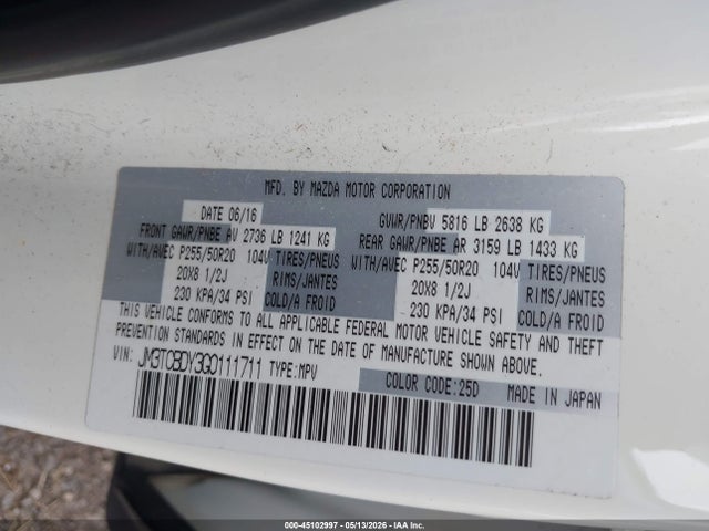 45102997 :رقم المزاد ، JM3TCBDY3G0111711 vin ، 2016 Mazda Cx-9 Grand Touring مزاد بيع