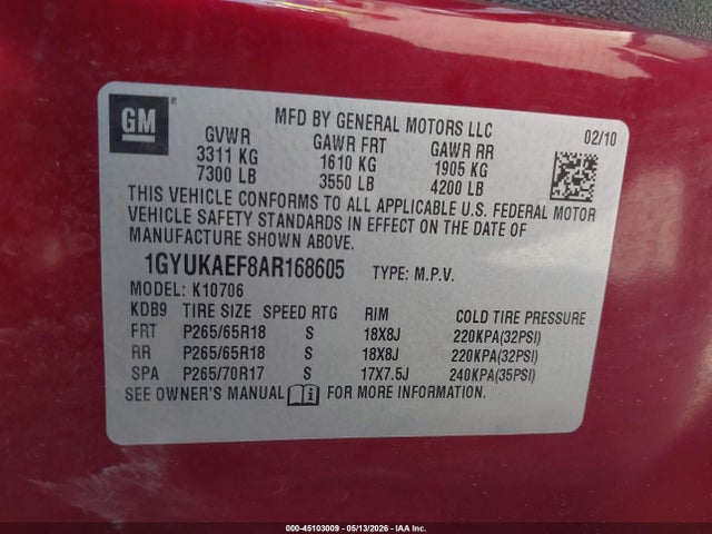 Продаж на аукціоні авто 2010 Cadillac Escalade Standard, vin: 1GYUKAEF8AR168605, номер лоту: 45103009