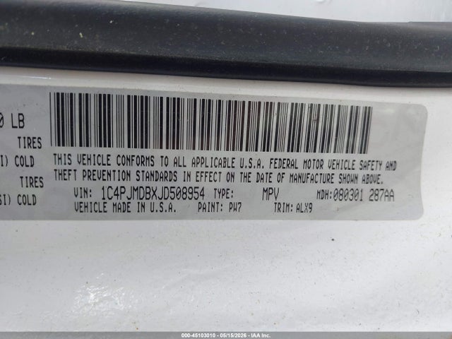 Aukcja sprzedaży 2018 Jeep Cherokee Limited 4x4, vin: 1C4PJMDBXJD508954, numer aukcji: 45103010