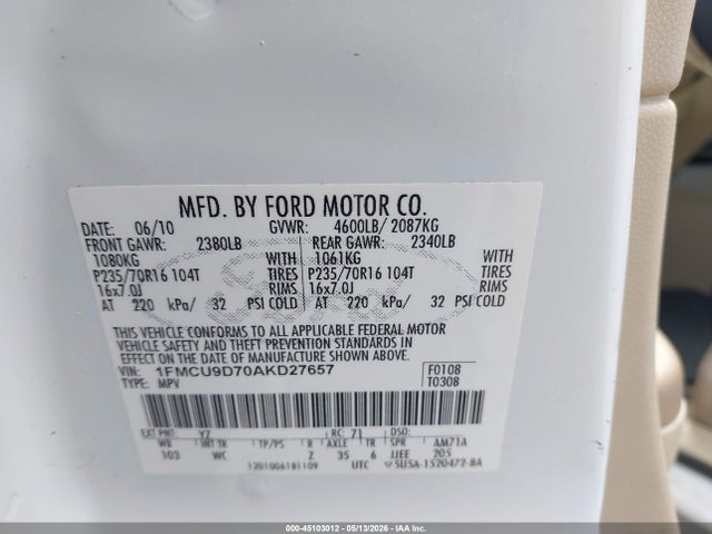 2010 Ford Escape Xlt მანქანა იყიდება აუქციონზე, vin: 1FMCU9D70AKD27657, აუქციონის ნომერი: 45103012
