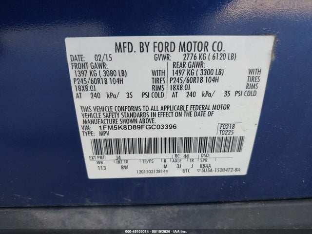 Ford EXPLORER XLT 2015 1FM5K8D89FGC03396 Image 9