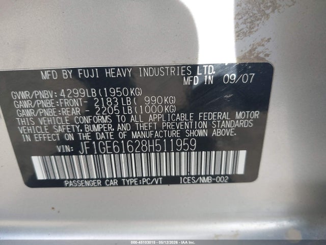 Aukcja sprzedaży 2008 Subaru Impreza  (natl) I W/premium Pkg, vin: JF1GE61628H511959, numer aukcji: 45103015