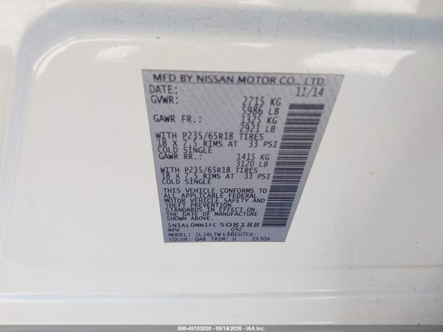 Aukcja sprzedaży 2015 Infiniti Qx60, vin: 5N1AL0MN1FC508188, numer aukcji: 45103020