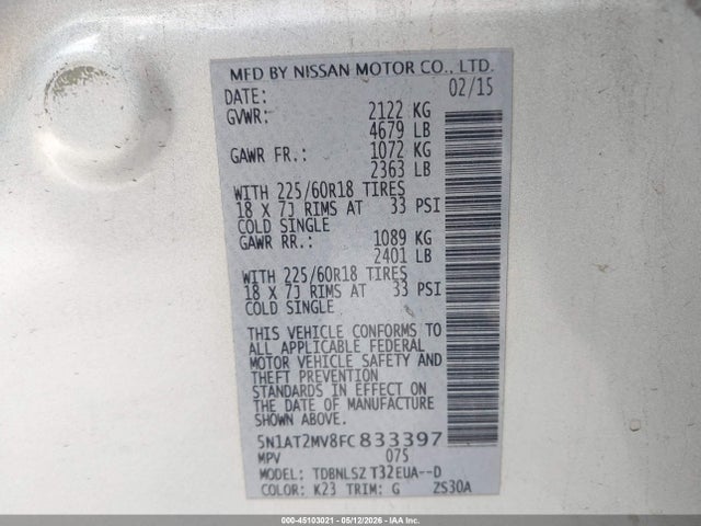 45103021 :رقم المزاد ، 5N1AT2MV8FC833397 vin ، 2015 Nissan Rogue Sl مزاد بيع