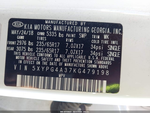 5XYPG4A37KG479198 KIA Sorento 2.4l Lx