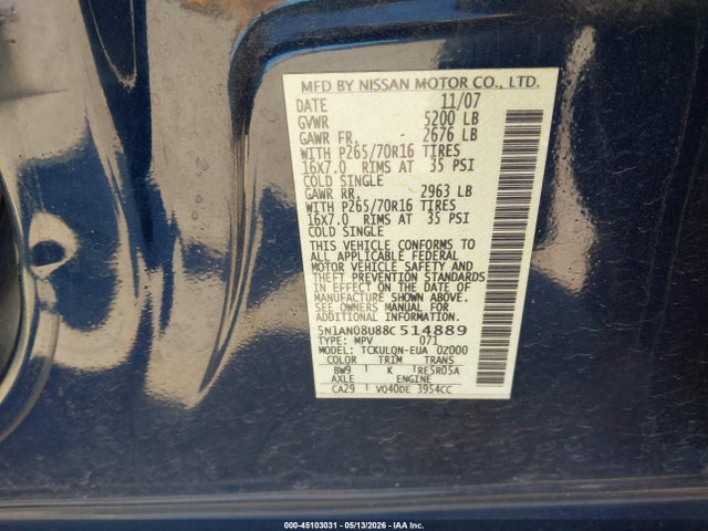 Продаж на аукціоні авто 2008 Nissan Xterra X, vin: 5N1AN08U88C514889, номер лоту: 45103031