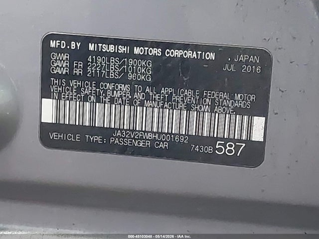 Продаж на аукціоні авто 2017 Mitsubishi Lancer Es/se/sel, vin: JA32V2FW8HU001692, номер лоту: 45103048