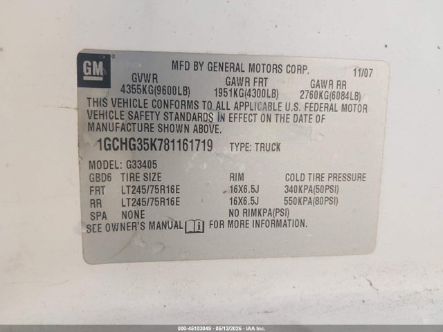 Aukcja sprzedaży 2008 Chevrolet Express Work Van, vin: 1GCHG35K781161719, numer aukcji: 45103049