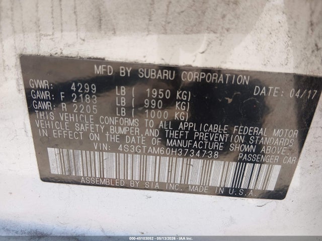 2017 Subaru Impreza 2.0i Sport მანქანა იყიდება აუქციონზე, vin: 4S3GTAM60H3734738, აუქციონის ნომერი: 45103052
