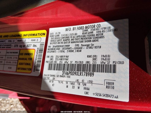 Aukcja sprzedaży 2020 Ford Fusion Titanium, vin: 3FA6P0D9XLR178989, numer aukcji: 45103059