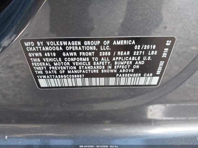 Aukcja sprzedaży 2016 Volkswagen Passat 1.8t S, vin: 1VWAT7A38GC036957, numer aukcji: 45103061