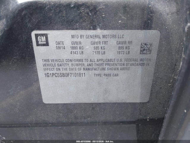 45103066 :رقم المزاد ، 1G1PC5SB0F7101811 vin ، 2015 Chevrolet Cruze 1lt Auto مزاد بيع
