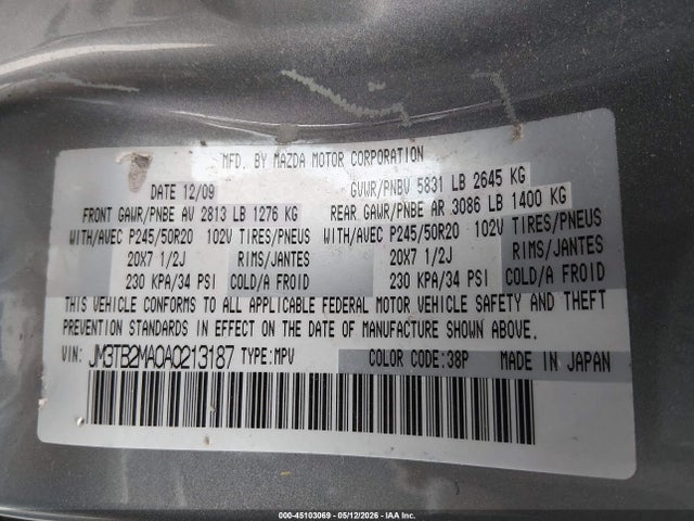 Aukcja sprzedaży 2010 Mazda Cx-9 Grand Touring, vin: JM3TB2MA0A0213187, numer aukcji: 45103069