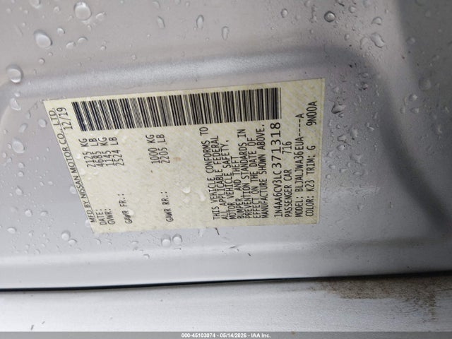 2020 Nissan Maxima Sv Xtronic Cvt მანქანა იყიდება აუქციონზე, vin: 1N4AA6CV3LC371318, აუქციონის ნომერი: 45103074