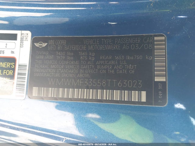Продаж на аукціоні авто 2008 Mini Cooper, vin: WMWMF33558TT63023, номер лоту: 45103079